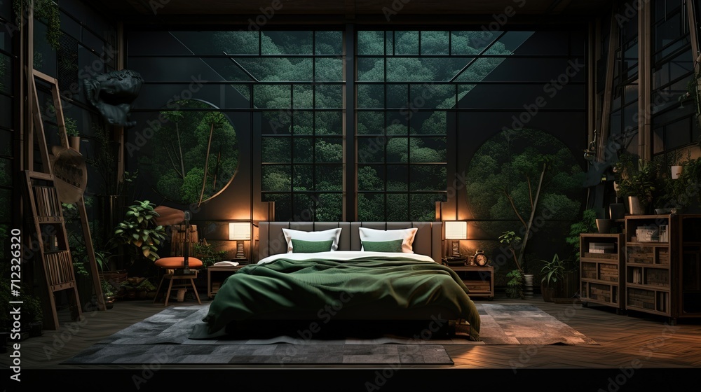 A serene bedroom setting with a large window revealing a lush forest view, complemented by green bedding and abundant indoor plants. A serene bedroom setting with a large window revealing a lush forest view, complemented by green bedding and abundant indoor plants.
