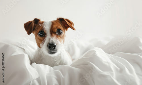 Tiny Jack Russel terrier puppy on the white bed close up. Dog pet