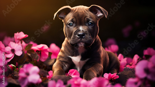 Photo Staffordshire bull terrier puppy posing on grass