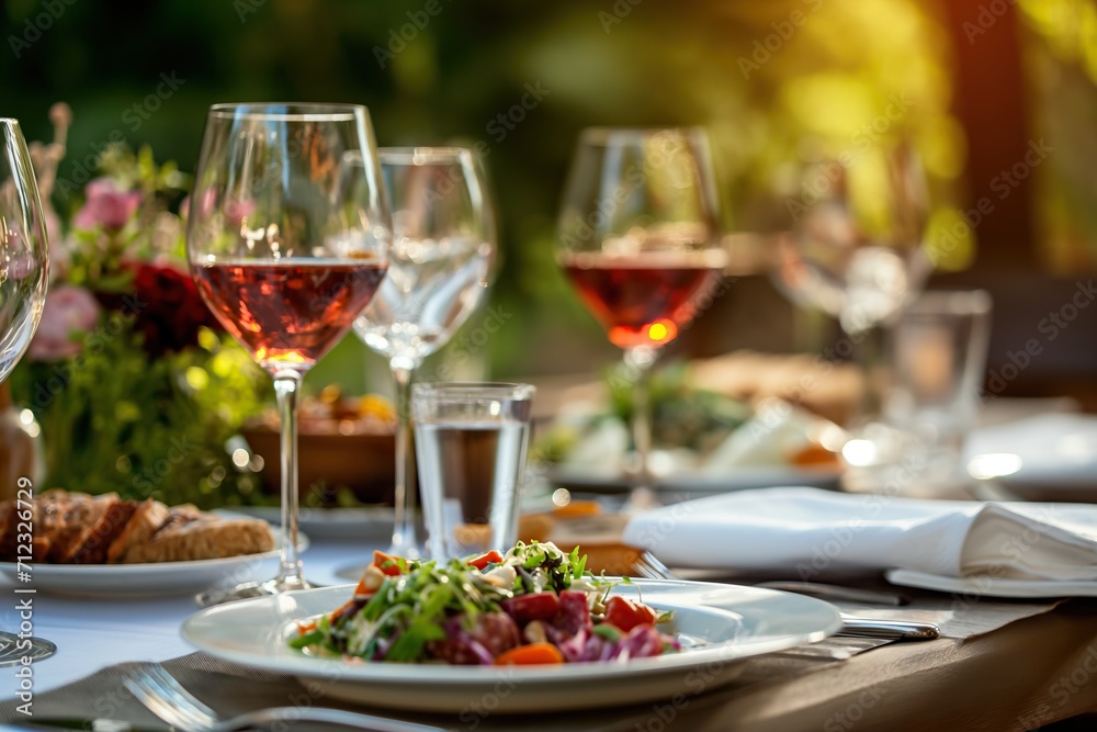 Fototapeta premium Outdoor Summer Dining Experience with Rosé Wine and Fresh Salad