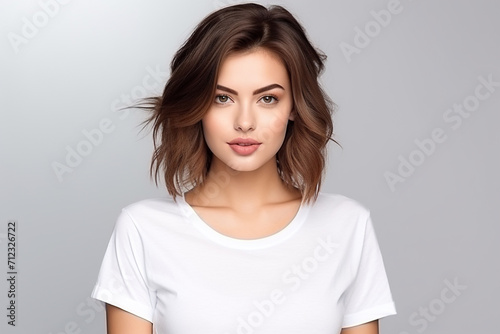 Woman in White Tshirt Mockup created with Generative AI © dendyh7