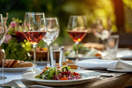 Outdoor Summer Dining Experience with Rosé Wine and Fresh Salad