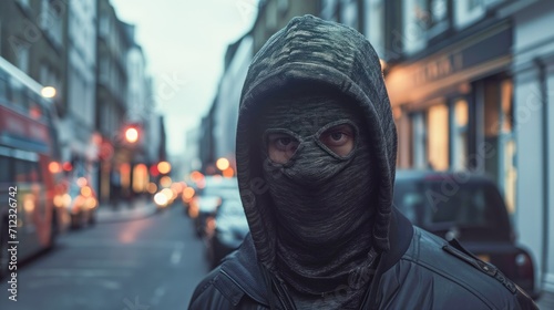 Street Robber in Balaclava, Engaging in Covert Activities on a London Street photo