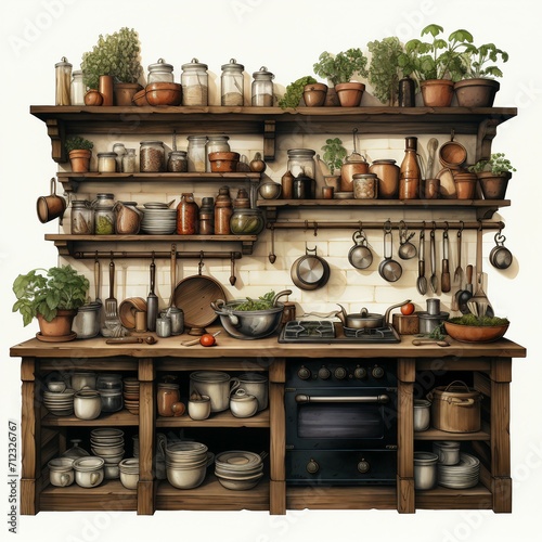 Rustic kitchen in cozy watercolor style. AI generate illustration