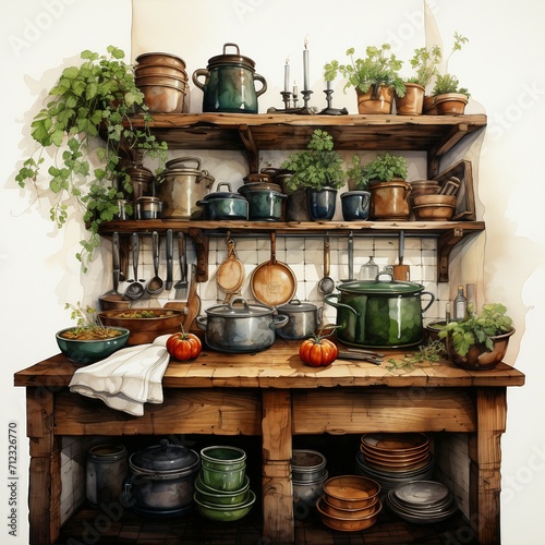 Rustic kitchen in cozy watercolor style. AI generate illustration