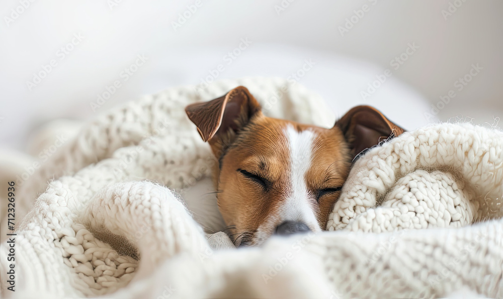 Tiny Jack Russel terrier puppy on the white bed close up. Dog pet - obrazy, fototapety, plakaty 