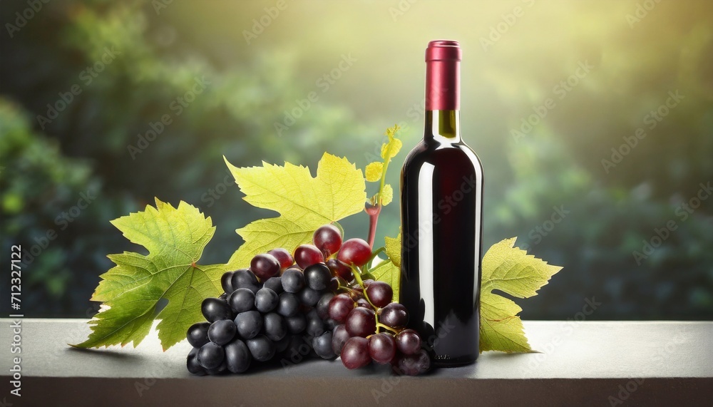 Bottle red wine with bunch of grapes at wooden table in sunny garden during beautiful warm sunset or sunrise