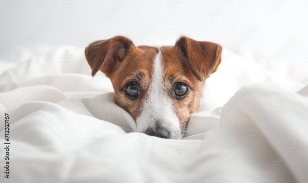 Tiny Jack Russel terrier puppy on the white bed close up. Dog pet