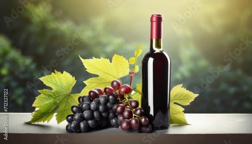 Bottle red wine with bunch of grapes at wooden table in sunny garden during beautiful warm sunset or sunrise