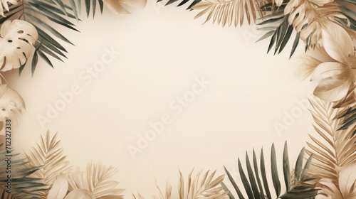 Beige pastel background with monstera leaves. Neural network AI generated art