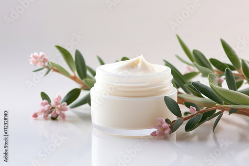 A clean and organic presentation of a cosmetic jar  complemented by herbal flowers  expressing beauty  skincare  and the natural essence of facial cosmetic products