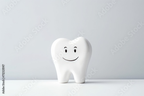 Happy smiling healthy tooth toy character with smile on gray background with copy space photo