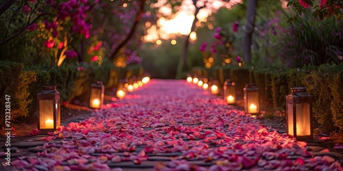 Creating a Cozy Evening Atmosphere with a Pathway of Rose Petals - Romantic Stroll - Soft Sunset Glow on the Petal-Lined Path - Eliciting Cozy Intimacy with Gentle Evening Light