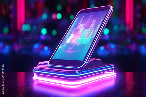 Smartphone on Neon Display. Modern Technology