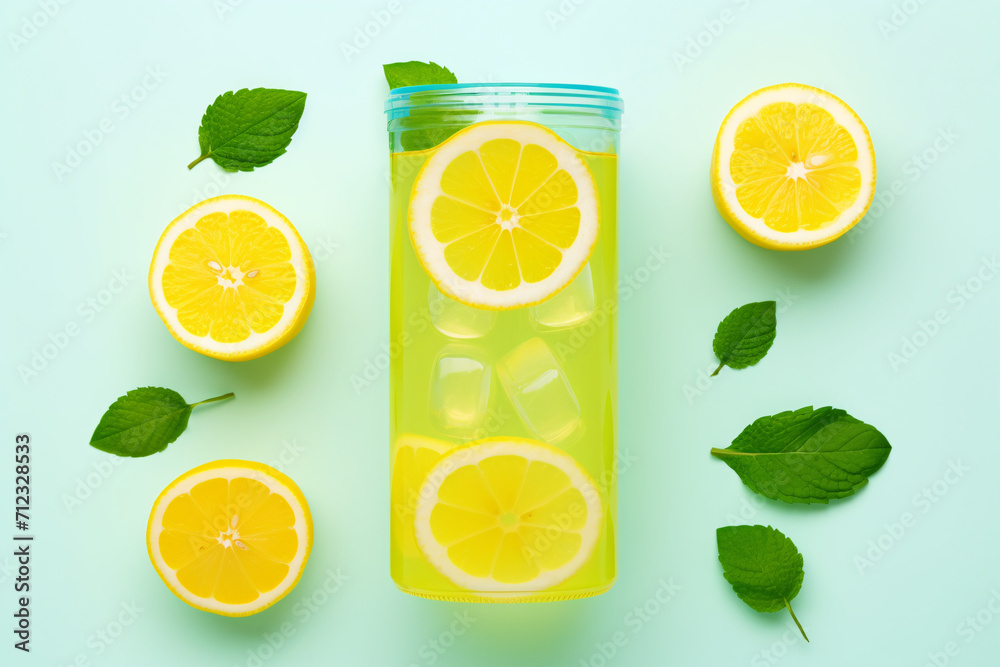 Creative Summer Lemonade Drink Composition with Lemon Slice, Mint Leaves, Soda Can, and Ice Cubes Creative Summer Lemonade Drink Composition with Lemon Slice, Mint Leaves, Soda Can, and Ice Cubes