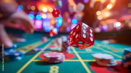 Casino dice rolling on gaming table with chips in bokeh.
 photo