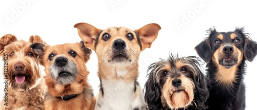 Group of Dogs Looking Up, White Background, Banner