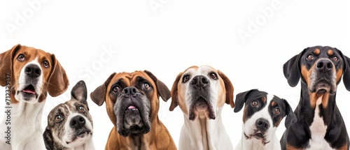 Group of Dogs Looking Up  White Background  Banner