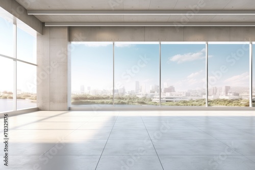 Clean exhibition hall interior with empty mock up place on wall, panoramic window and city view