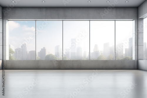 Clean exhibition hall interior with empty mock up place on wall, panoramic window and city view