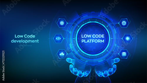 Low code platform and No Code development technology concept in wireframe hands. LCDP and NCDP - software development using graphical interfaces. Vector illustration.