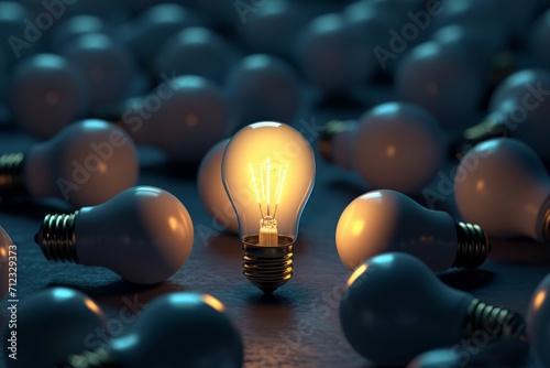 Lightbulb Glowing Among Shutdown Light Bulbs in Dark Area with Copy Space