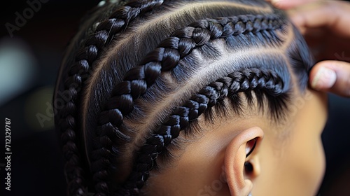 Woman hairdresser weaves girl black dreadlocks. Close up of braiding process. Generative AI	