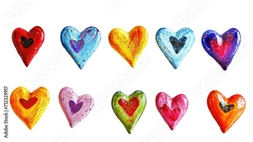 A collection of colorful hand-painted hearts, artistic and expressive.