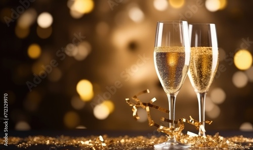 Party invite and celebration two Champagne glasses with gold glitter vip premium black background
