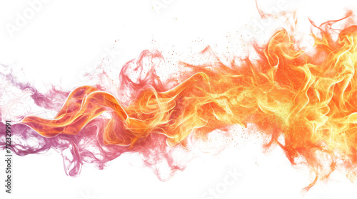 Intense flames consuming a space, vibrant and dynamic with flying sparks, isolated on white background