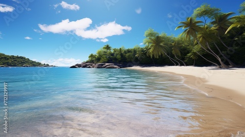 Behind the blue sea and sandy beach, there is a palm tree forest and a clear sky, with clouds floating in the sky.