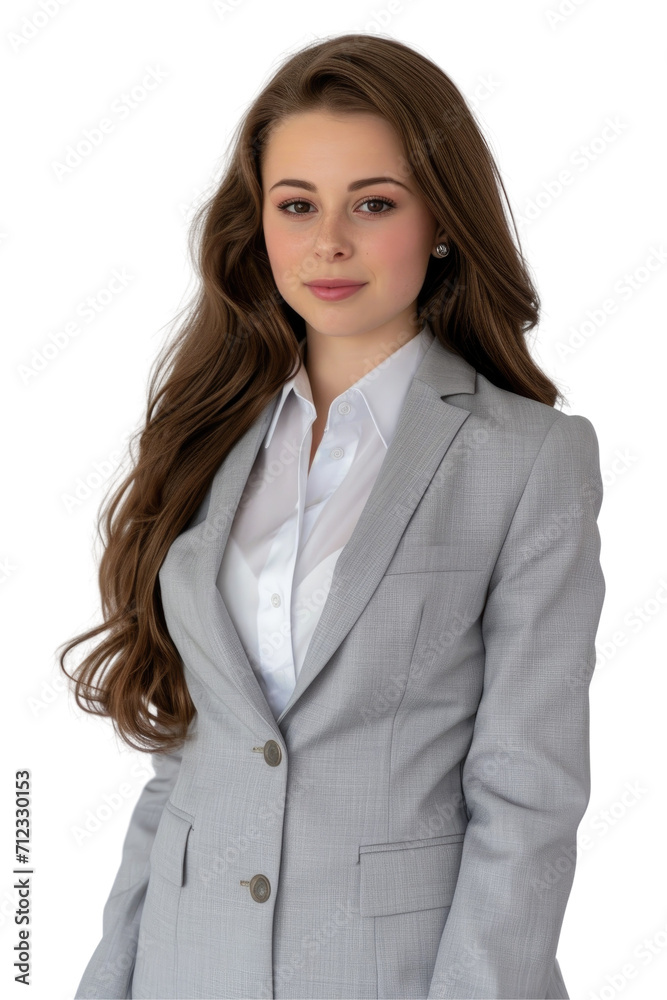 A professional woman stands confidently in a light gray suit, her hands clasped in front, corporate business style, dress code A professional woman stands confidently in a light gray suit, her hands clasped in front, corporate business style, dress code