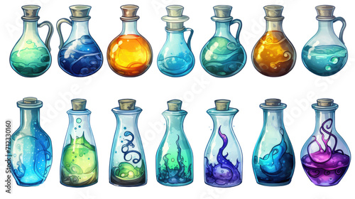 A collection of vibrant, cartoon-styled potion bottles in various colors and bubbling contents, corked and uncorked. Game design assets, transparent background