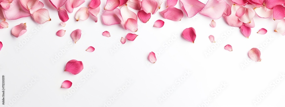 A banner design with red flower petals gathered at the top of a white background.