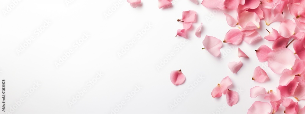 A banner design with pink petals gathered in one corner of a white background. A banner design with pink petals gathered in one corner of a white background.