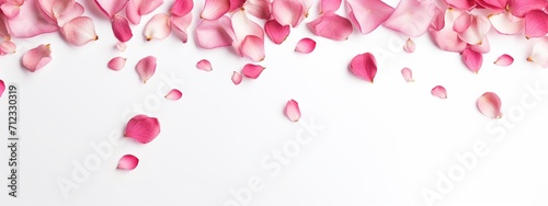 A banner design with red flower petals gathered at the top of a white background.