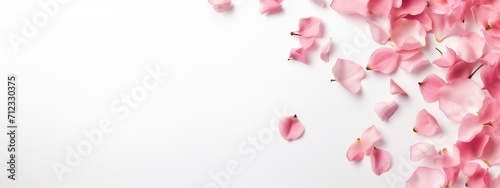 A banner design with pink petals gathered in one corner of a white background.