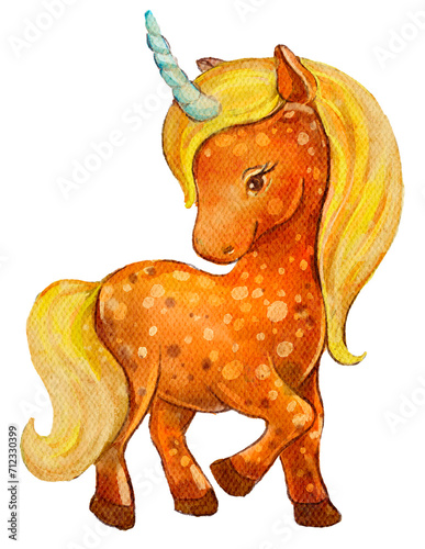 Cute Unicorn Watercolor Hand Painting on Isolated White Background