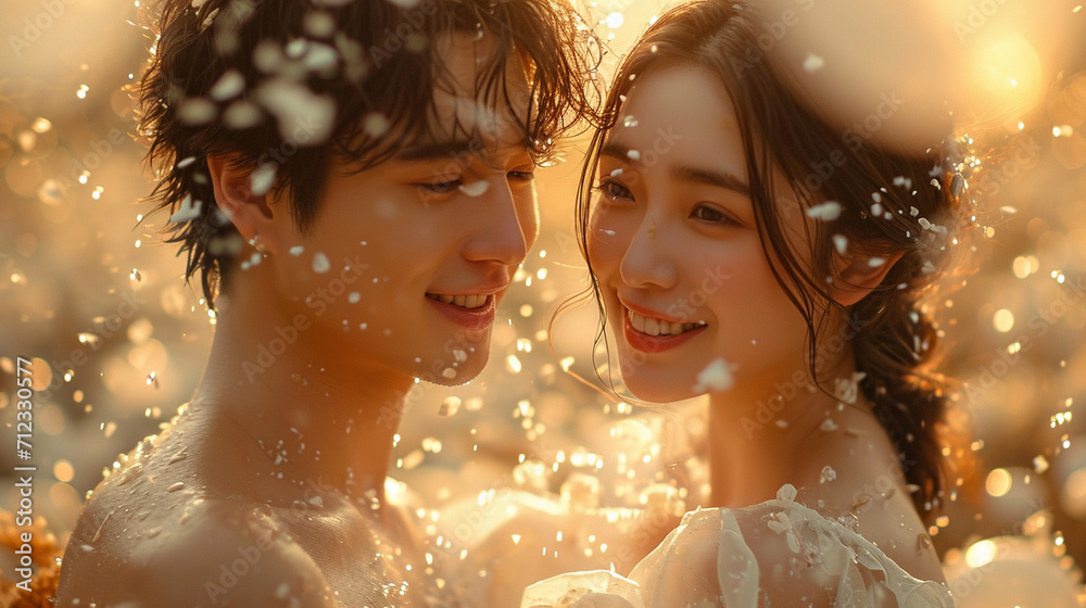 A captivating photograph of a couple exchanging white-themed gifts in a charming outdoor setting, surrounded by white balloons and ethereal decor, portraying the joy and intimacy o