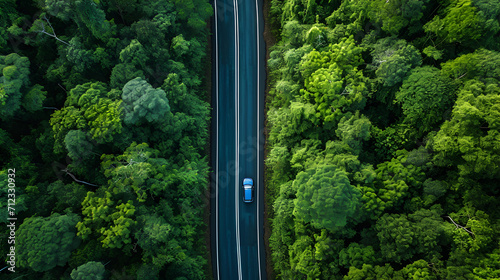 Car in rural road in deep rain forest with green tree forest, Aerial view car in the forest. generative ai