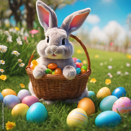 easter bunny in a basket with eggs © Lika