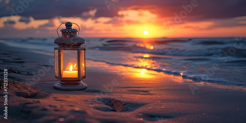 Beachside Tranquility: Solitary Candle Lantern Casting a Serene Glow - Calm Atmosphere - Capture the Peaceful Ambiance by the Seashore