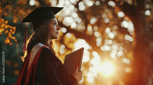 A graduate student in a graduation cap and gown will receive a diploma. Created with Generative Ai technology. photo