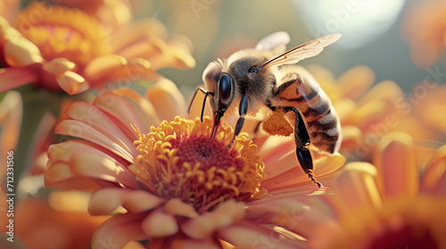 A bee collects pollen from flowers in the garden. generative ai photo