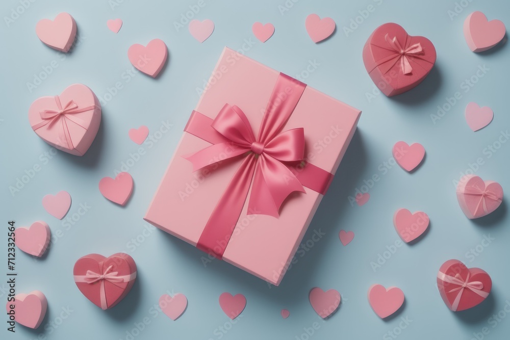 Romantic flatlay scene with gift boxes and tiny pink hearts, perfect for Valentine's