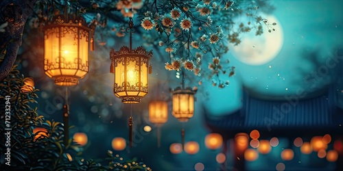 Crescent Moonlit Glow: Golden Lanterns Basking in Radiance - Magical Atmosphere - Capture the Enchanting Scene Under the Crescent Moon © SurfacePatterns