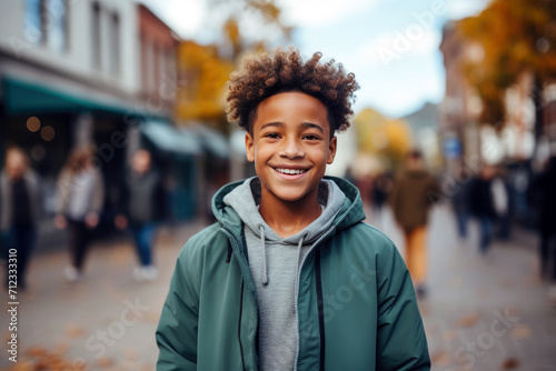 Portrait of teenager boy on city street in casual clothes