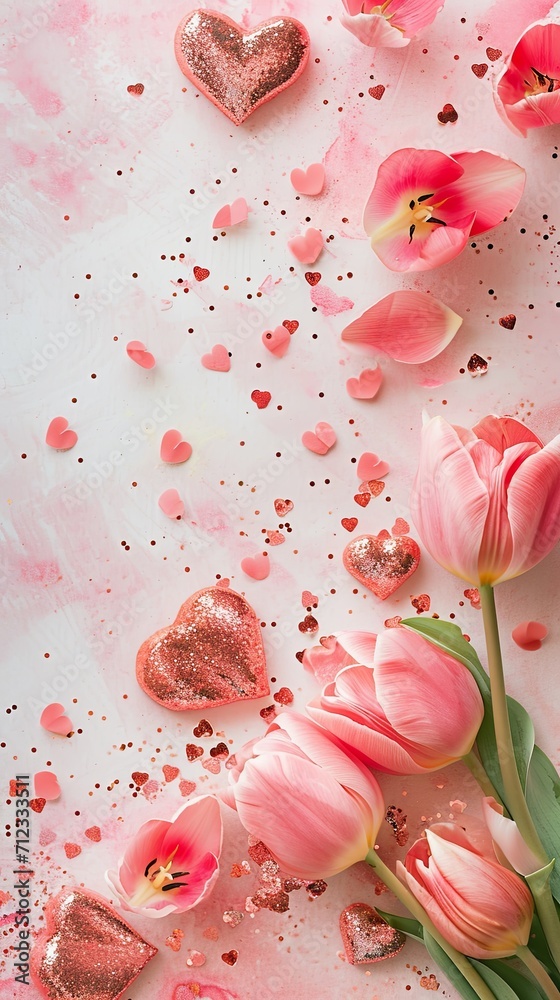 An artistic top view of a Valentine's setup with a watercolor-painted backdrop, abstract heart shapes and pink tulips. Vertical orientation. 
