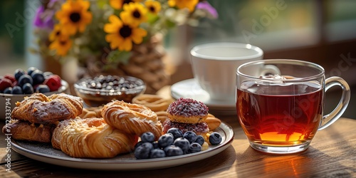 Cozy Afternoon Delight: Assorted Fresh Baked Goods with Tea - Warm Atmosphere - Capture the Comfort and Deliciousness in a Relaxing Setting