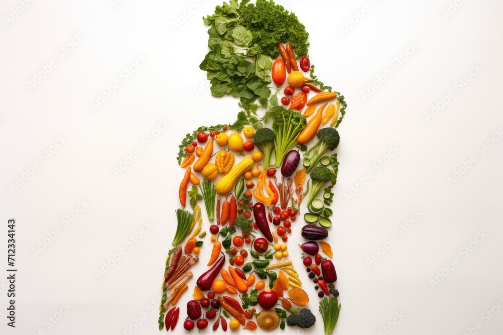Shape of a woman made with vegetables and fruits on white. Generative ai